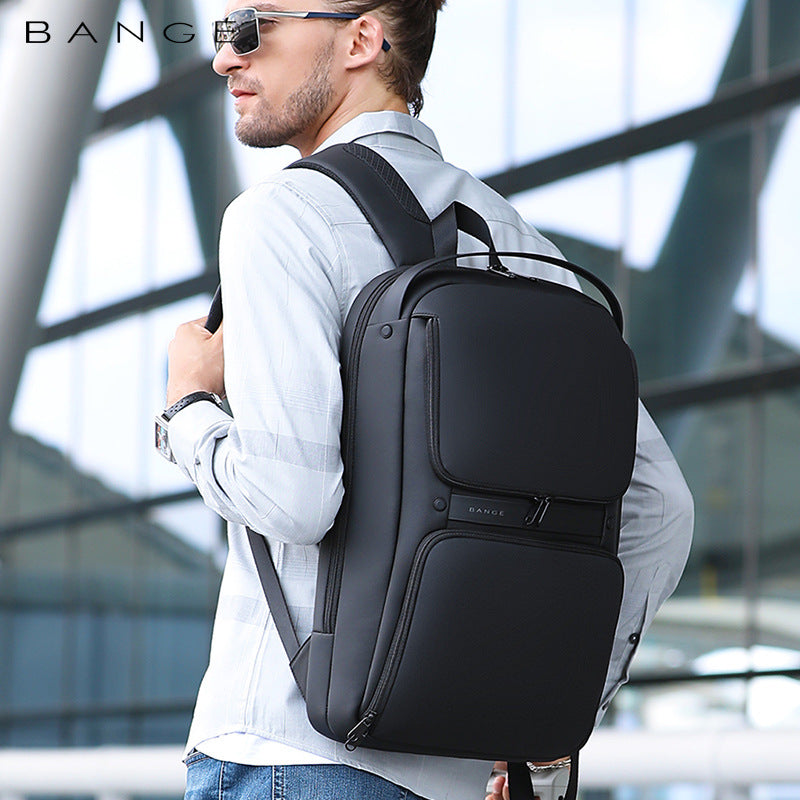 Opened BANGE backpack showing organized compartments