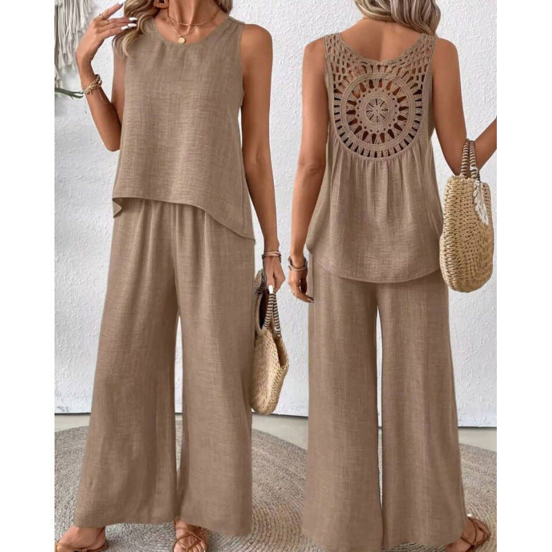 Fashionable Solid Color Back Hollow Lace Set