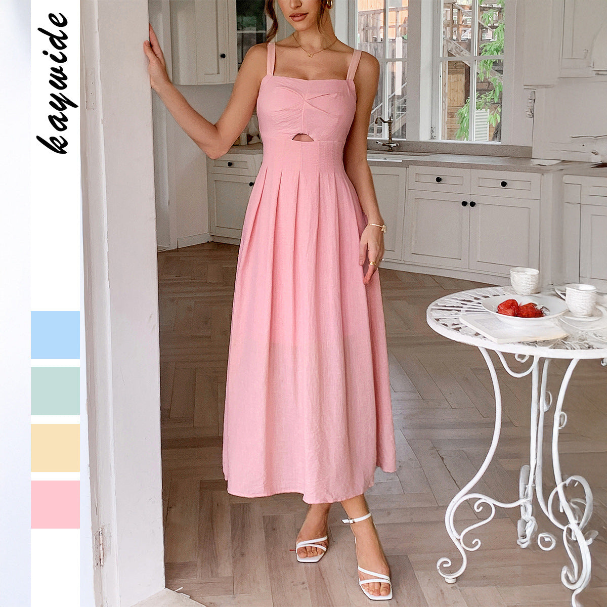 Strap top pleated long dress for women's wear