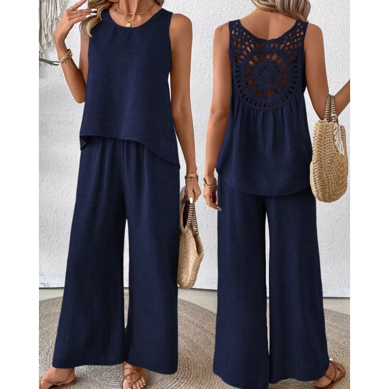 Fashionable Solid Color Back Hollow Lace Set