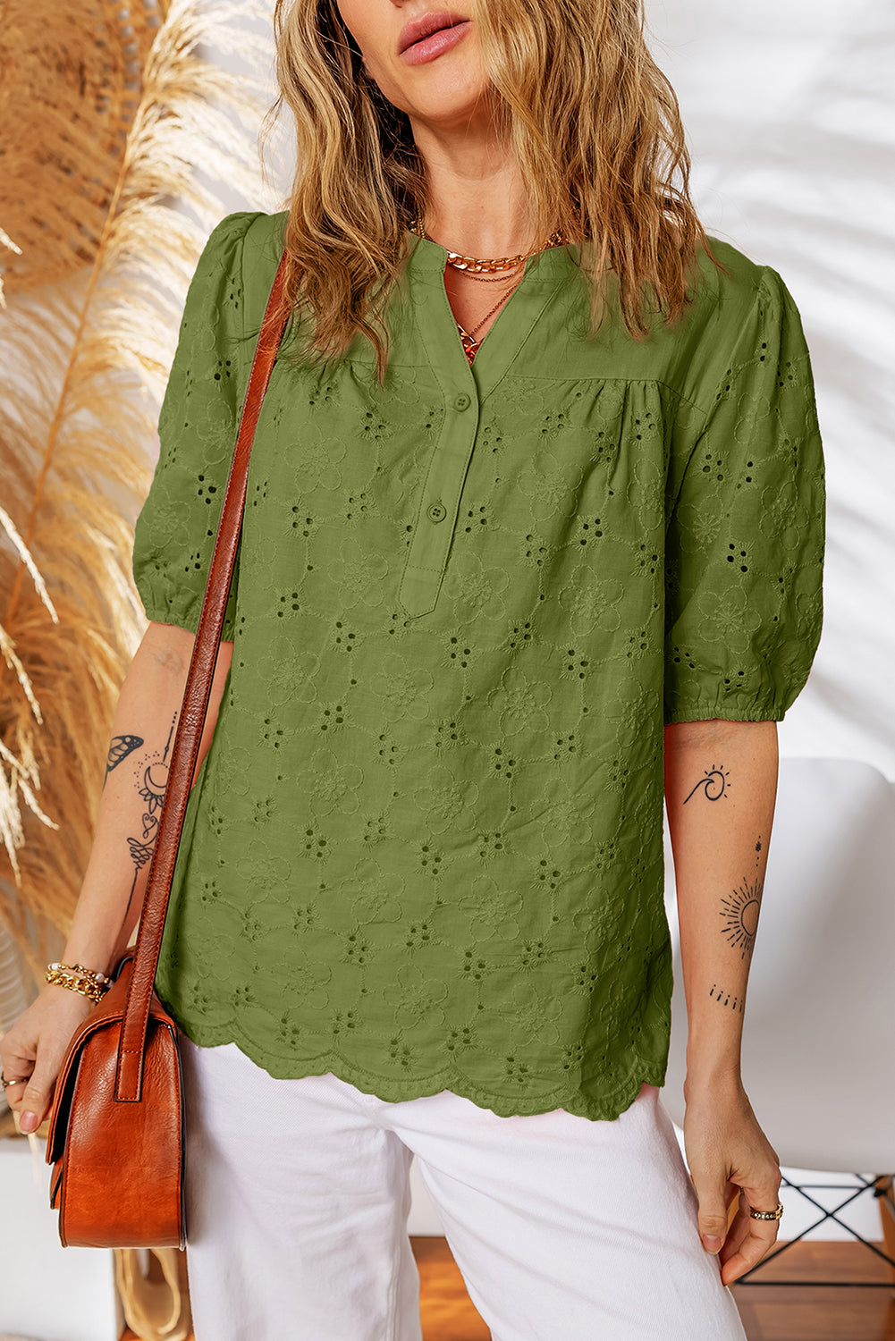 The 'Boho-Breeze' Embroidered Crochet Button-Down Blouse