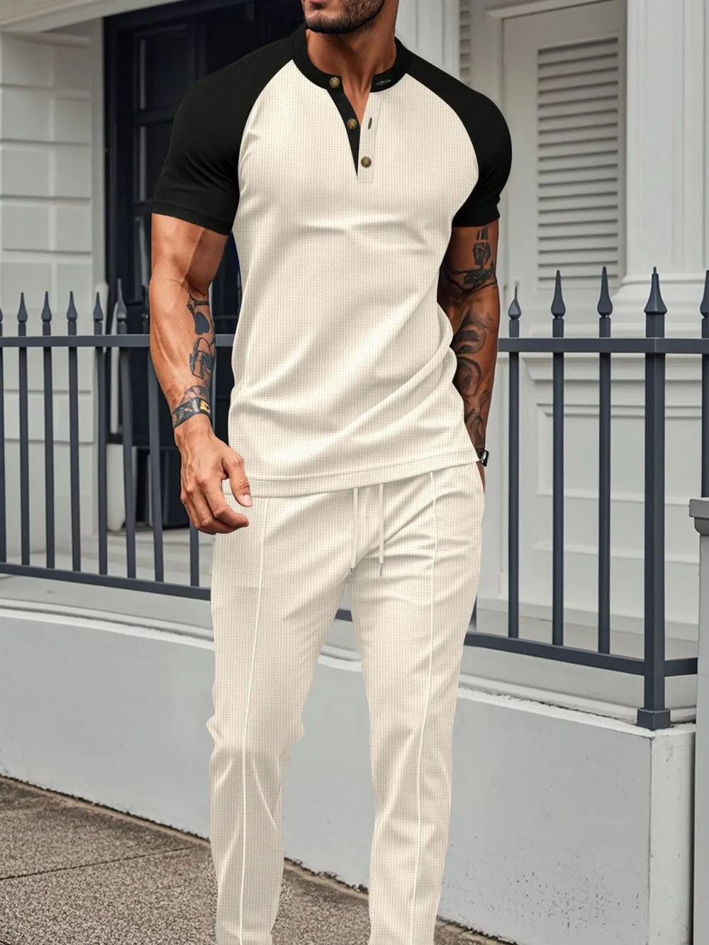 Front view of waffle-knit contrast lounge set for men