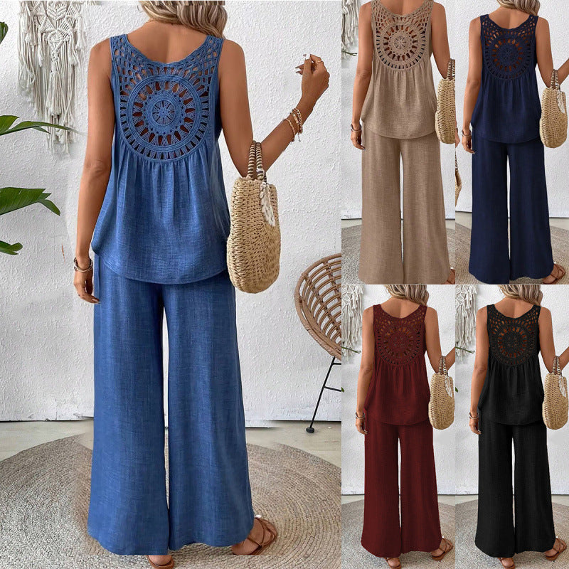 Fashionable Solid Color Back Hollow Lace Set