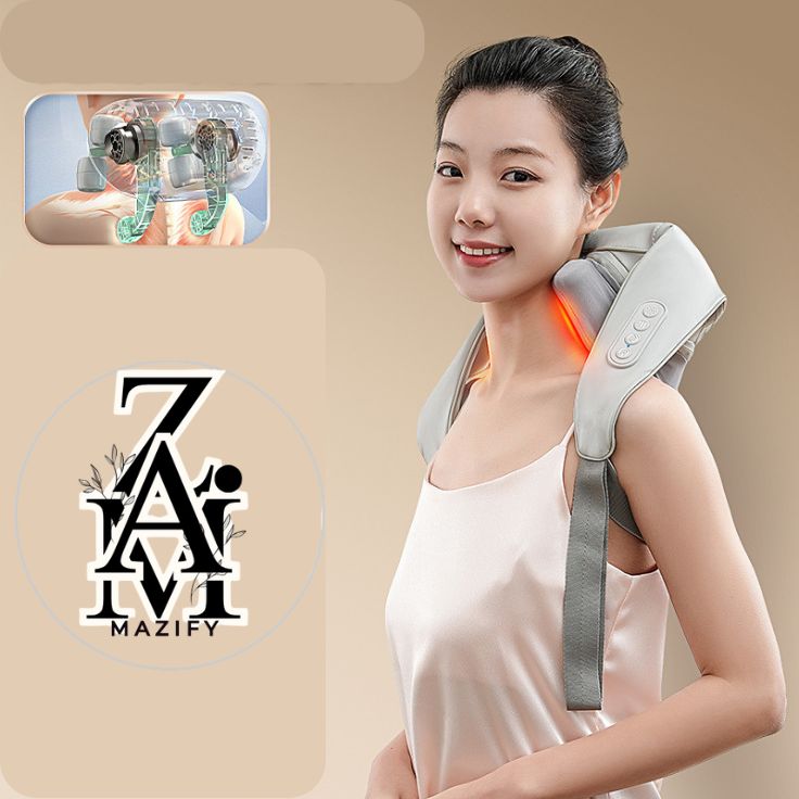 Woman using 8D cordless neck and shoulder massager with heat therapy