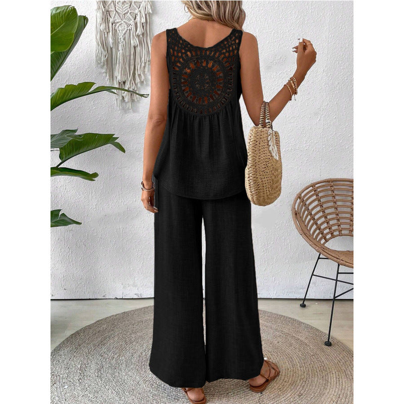 Fashionable Solid Color Back Hollow Lace Set