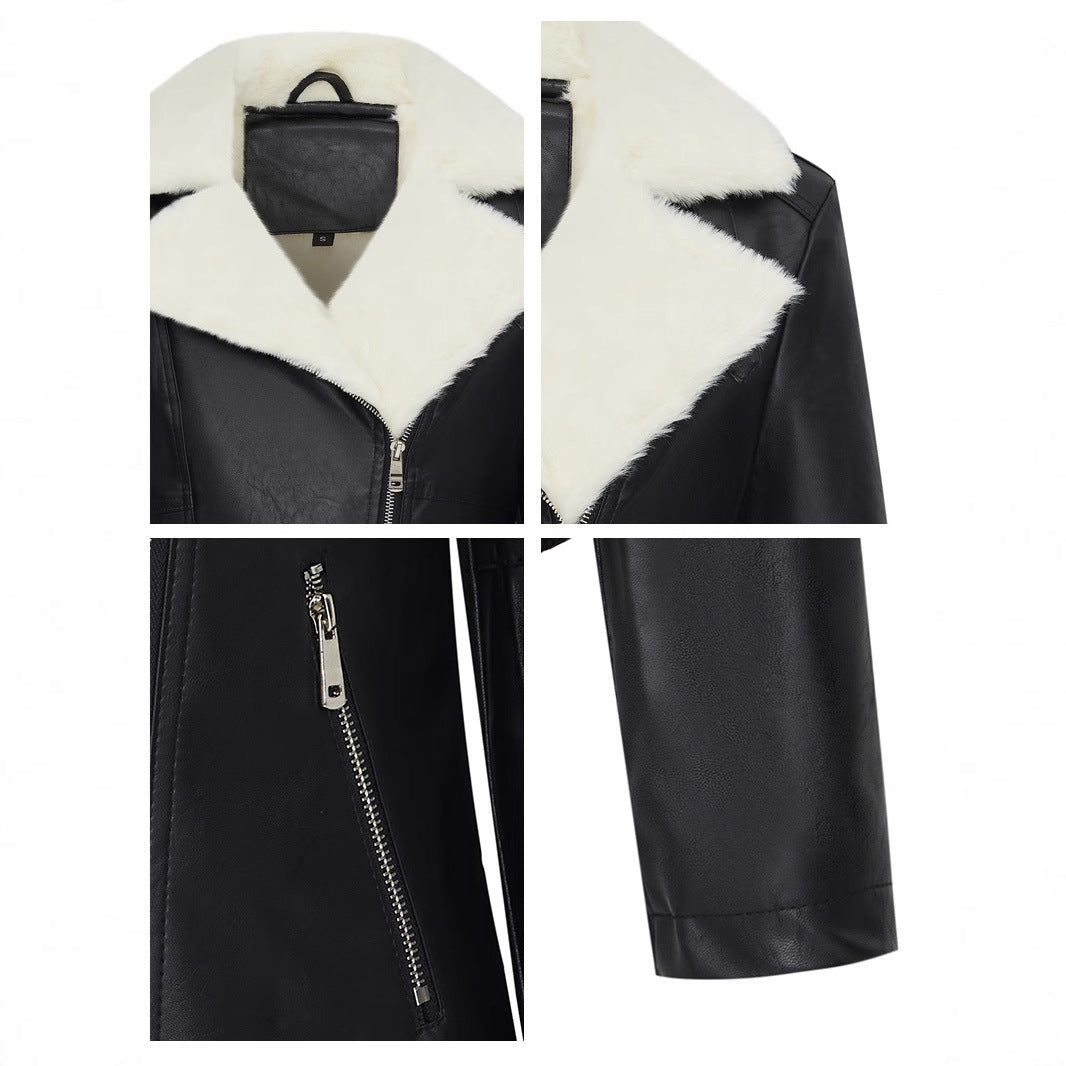 Women's Faux Fur Lined Black Leather Moto Jacket for Winter