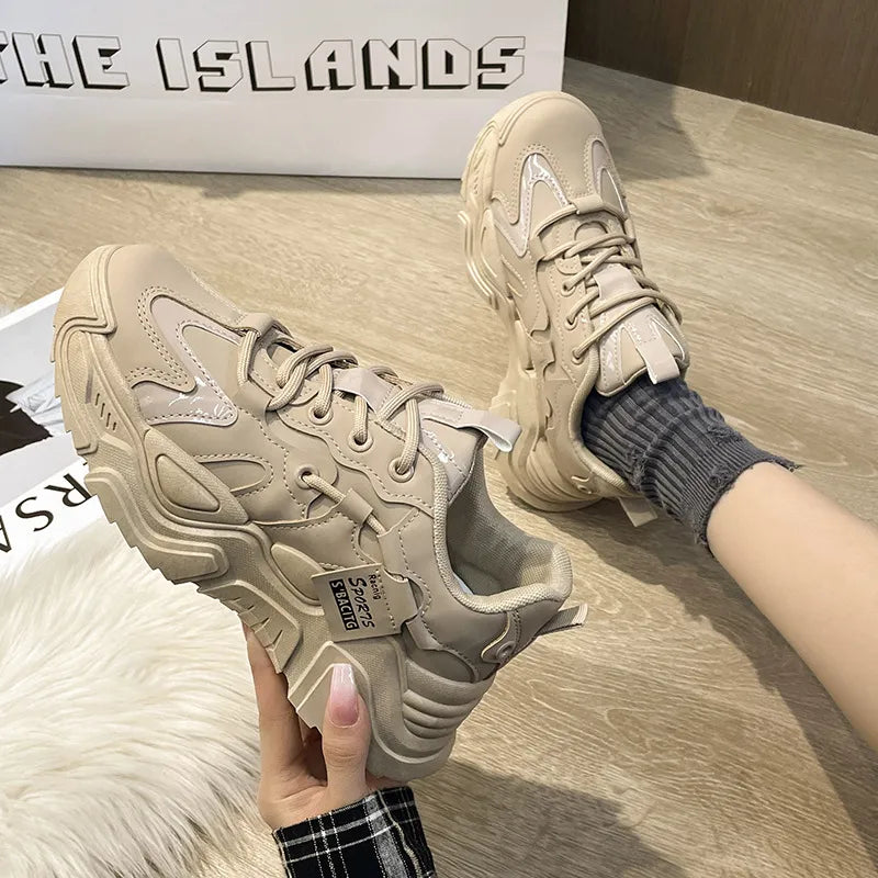 Top view of lace-up platform sneakers
Height-increasing white sneakers
Women’s casual athletic shoes