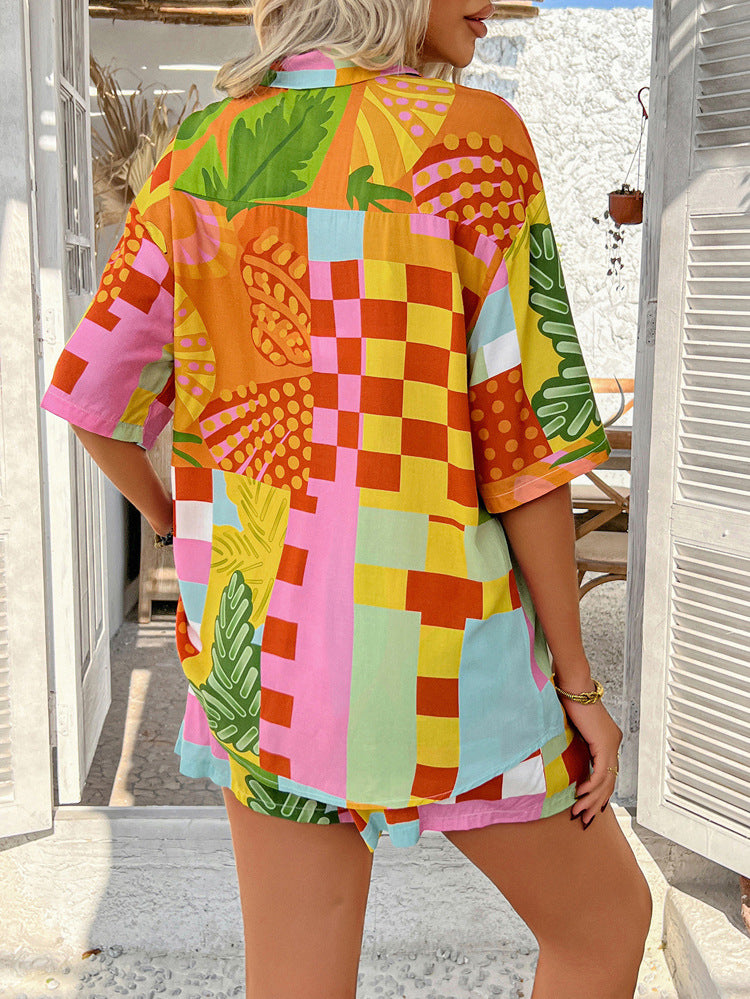 Pomerania Indian Leisure Vacation Floral Cross Color Cardigan Short Pants Set