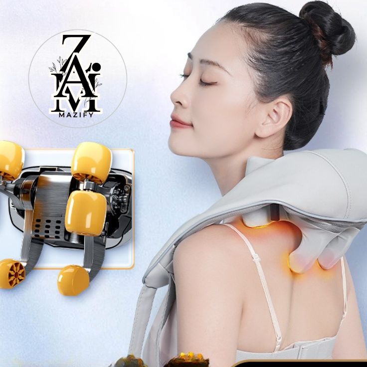 Woman using 8D cordless neck and shoulder massager with heat therapy