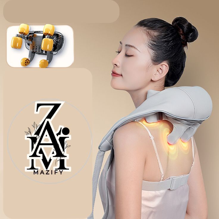 Woman using 8D cordless neck and shoulder massager with heat therapy