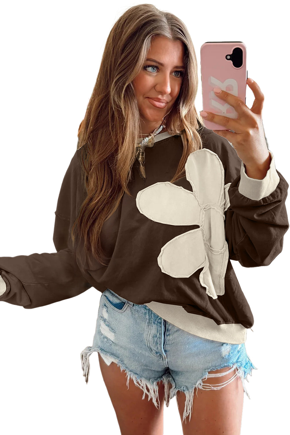 Coffee Raw Edge Flower Patch Drop Shoulder Long Sleeve Top