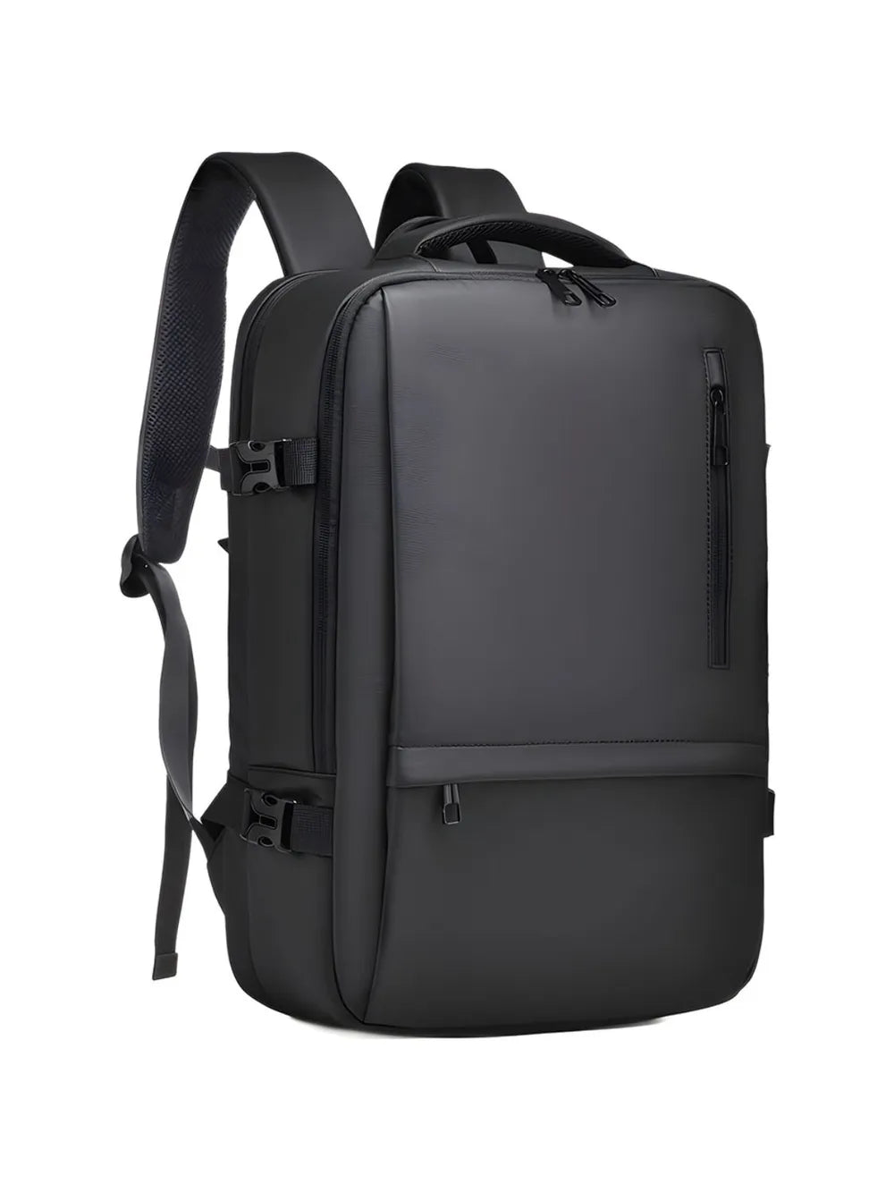 Front view of travel backpack with compartments