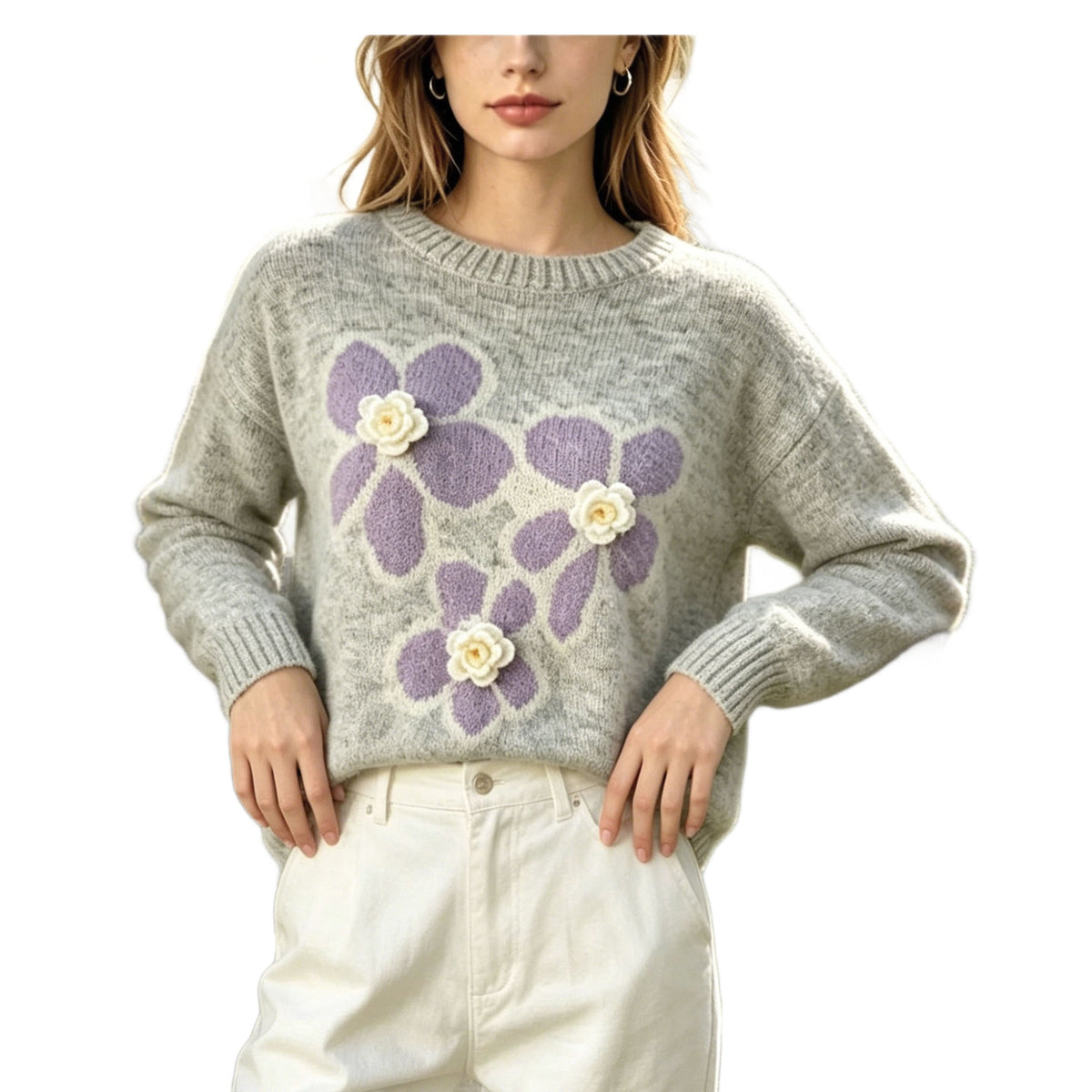 Round neck flower jacquard sweater for women's autumn and winter new style, loose soft and sticky knit sweater with pullover and long sleeves