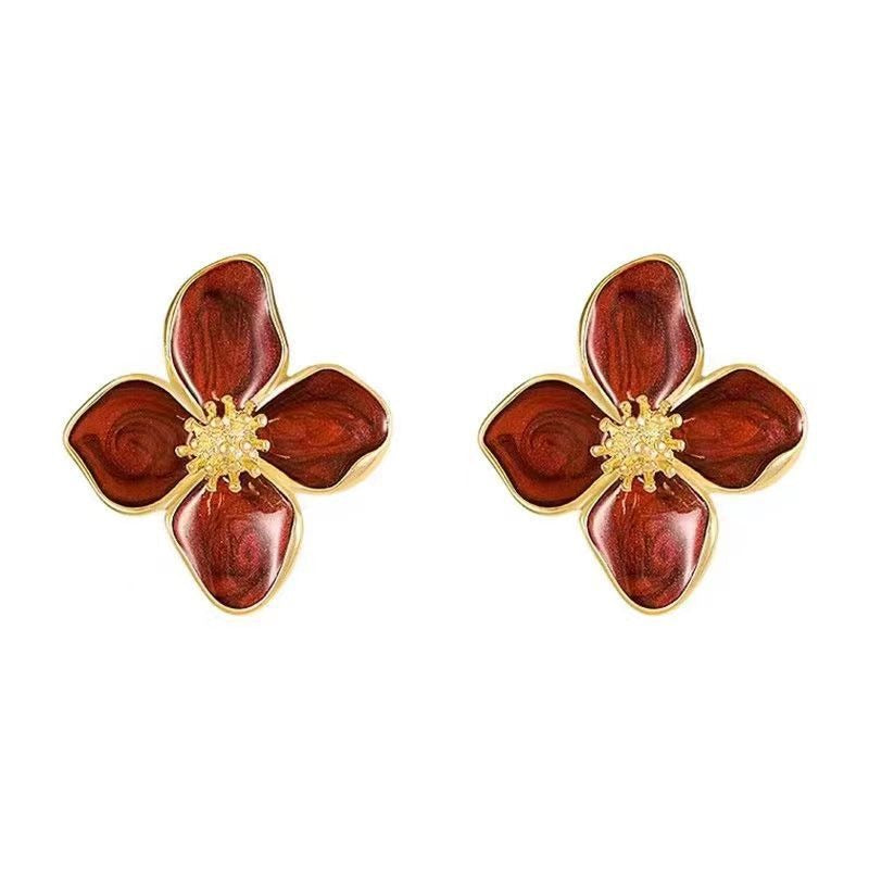 Vintage Hong Kong style drop glaze red flower earrings, three-dimensional small flower earrings