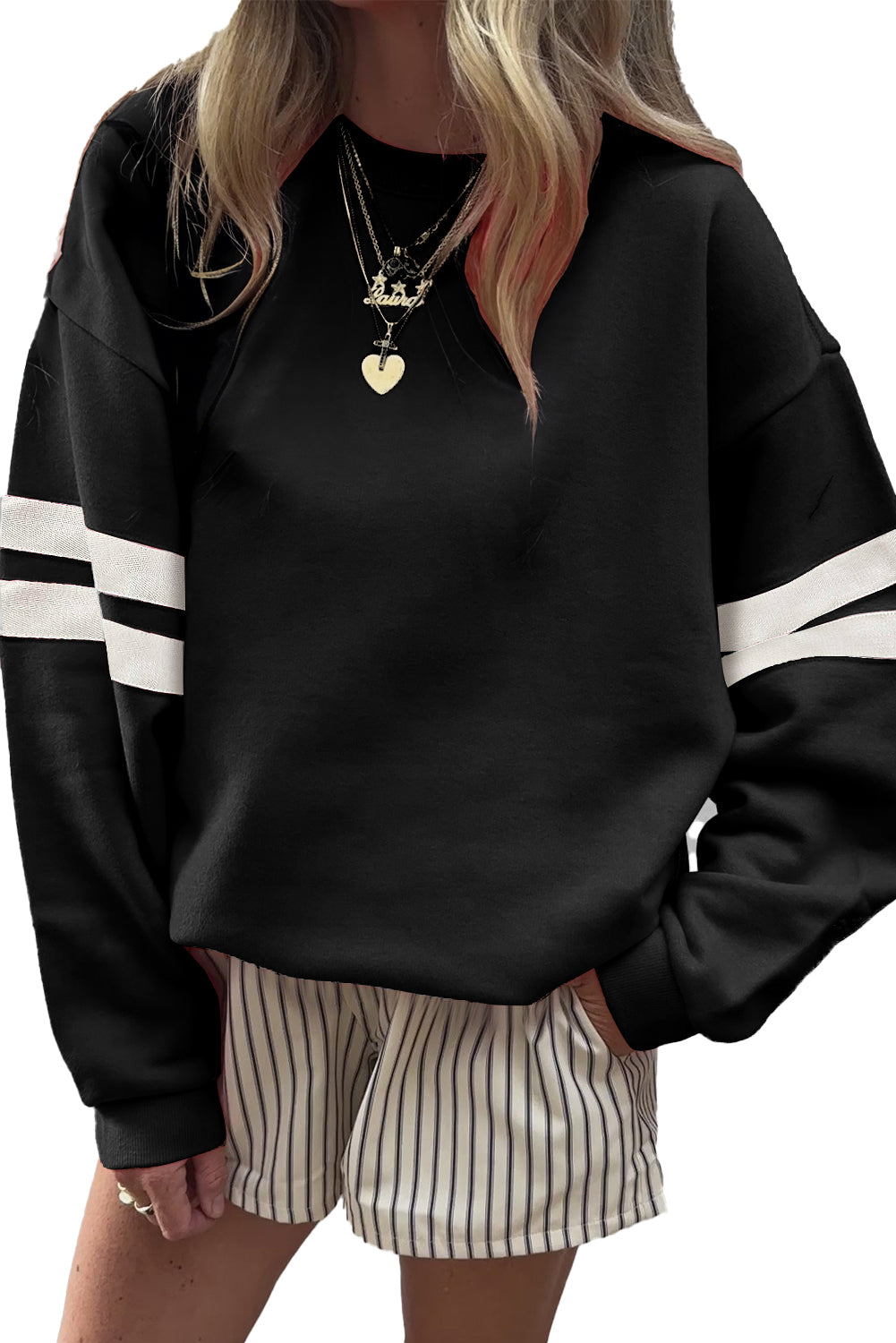 Black Preppy Striped Sleeve Loose Sweatshirt