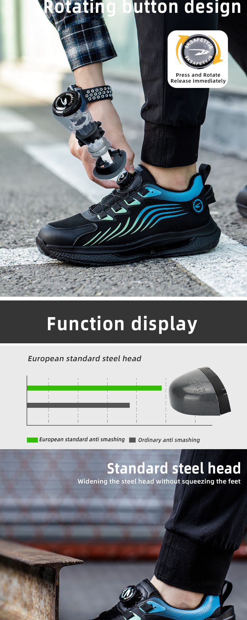Non-lace-up safety shoes
Durable and comfortable steel toe sneakers