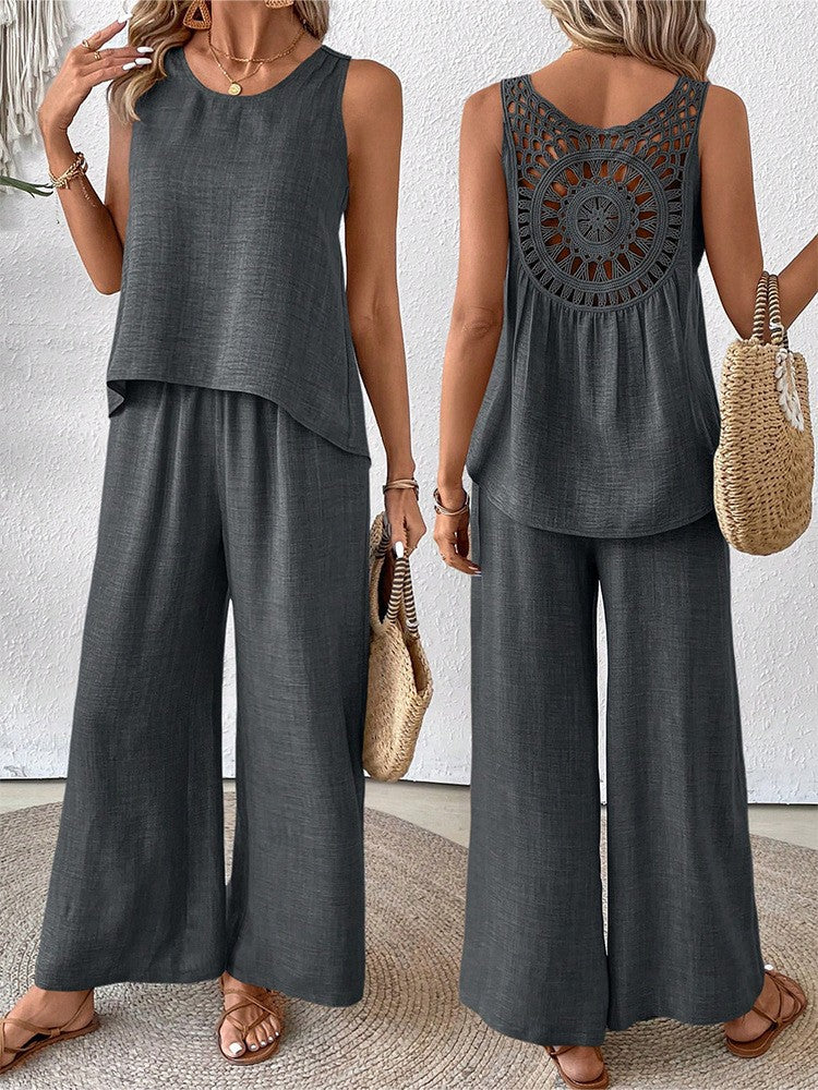 Fashionable Solid Color Back Hollow Lace Set