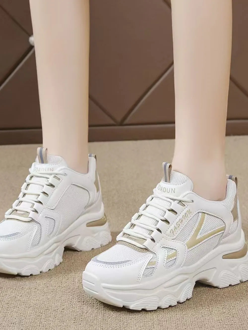 Side view of platform mesh sneakers
