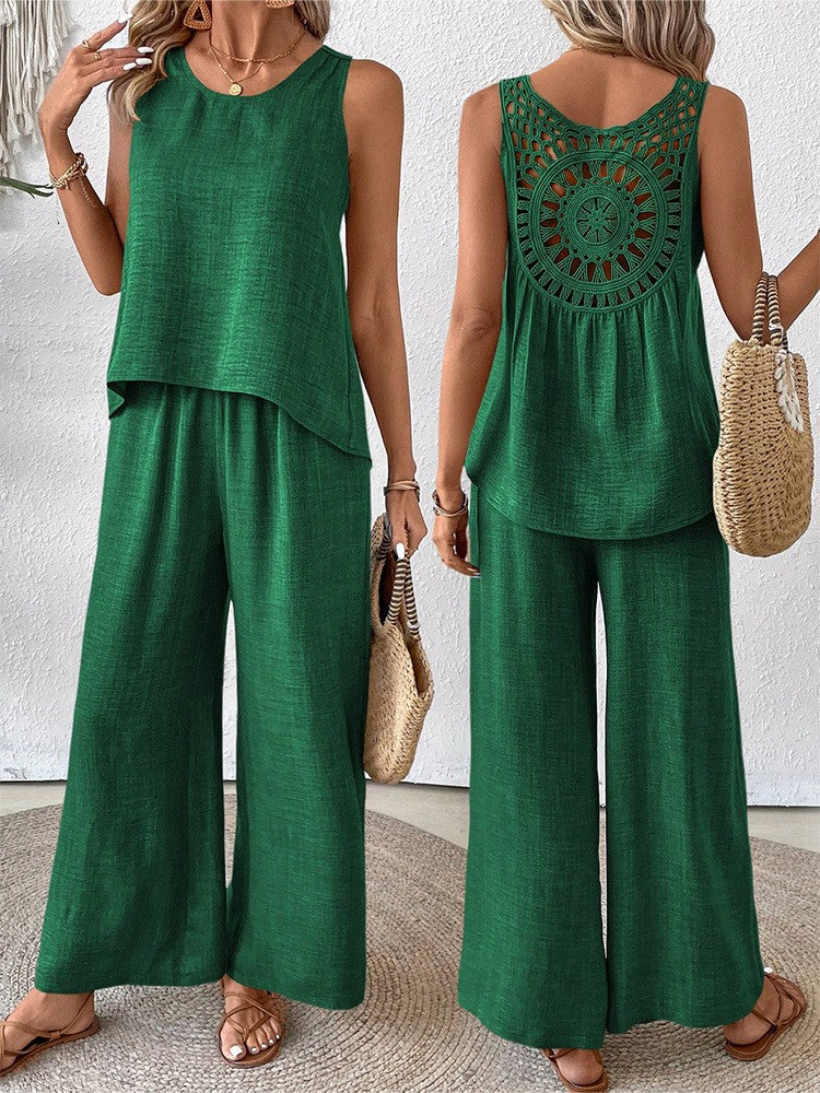 Fashionable Solid Color Back Hollow Lace Set