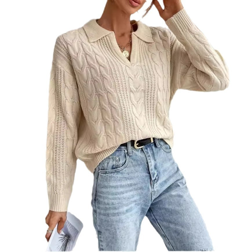 Style Plain Color Short Sleeve Polo Neck Knit Sweater Top for Women