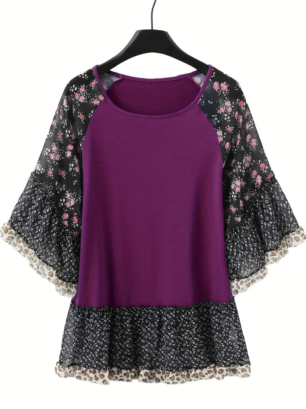 Full Size Frill Printed Round Neck Half Sleeve Blouse