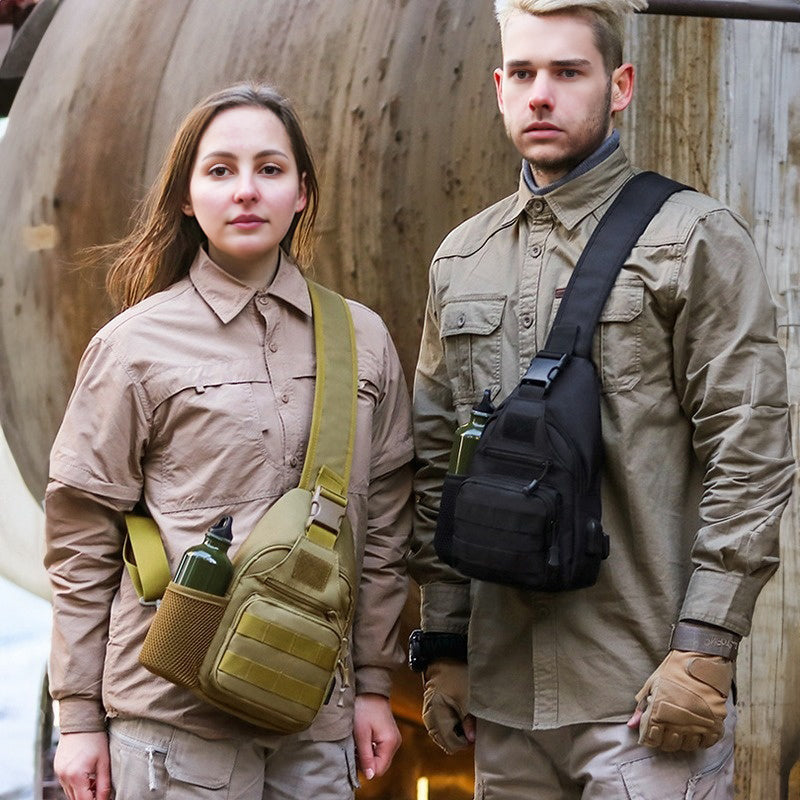 Side and front view of a compact shoulder backpack with USB port and MOLLE system