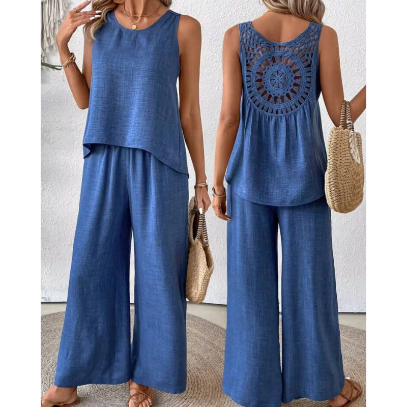 Fashionable Solid Color Back Hollow Lace Set