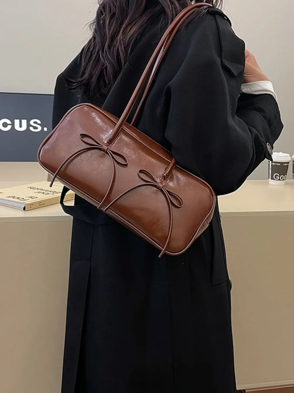 PU Leather Bow Trim Shoulder Bag – Elegant and Feminine Handbag