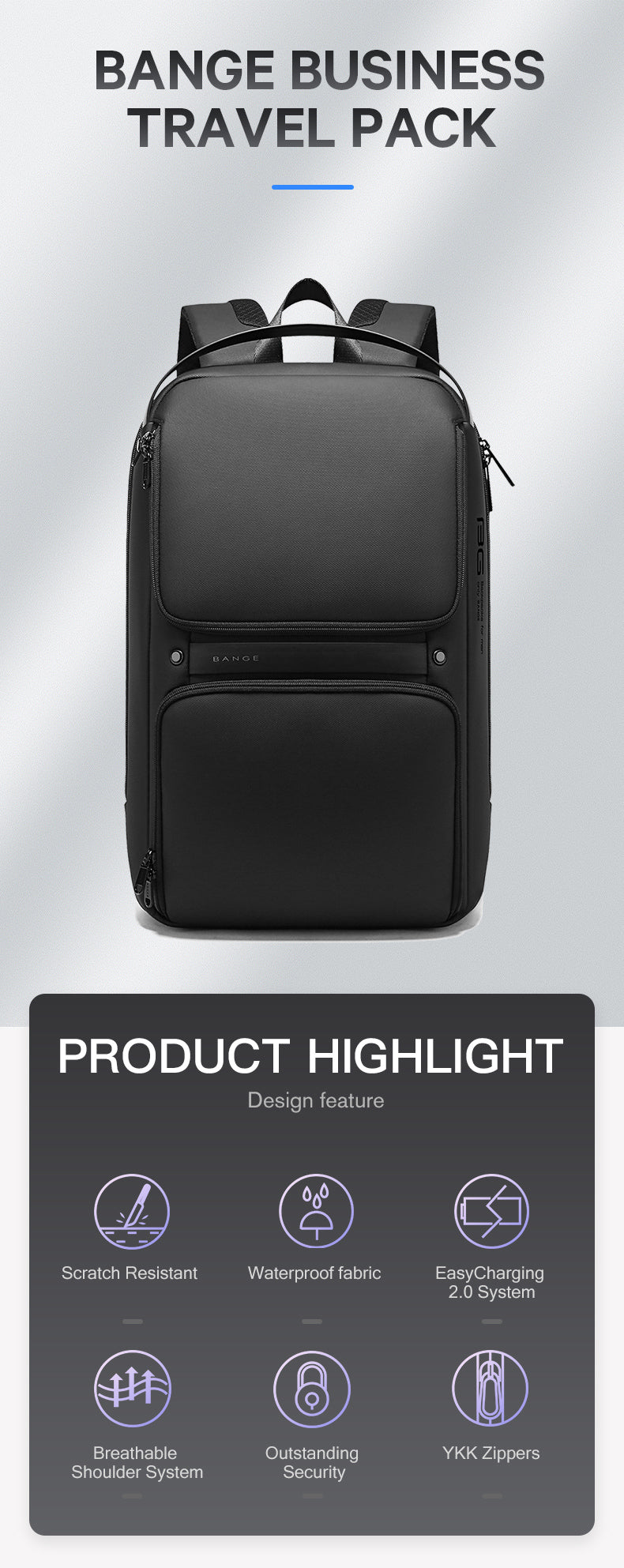 Top zipper and handle detail on grey BANGE backpack