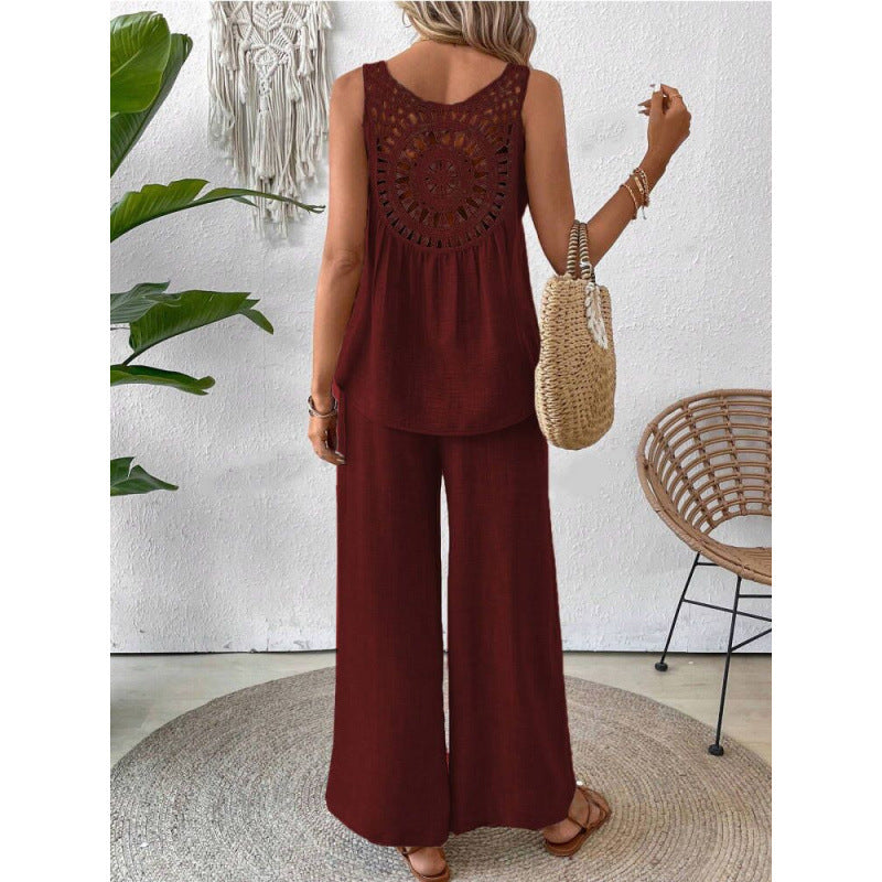 Fashionable Solid Color Back Hollow Lace Set