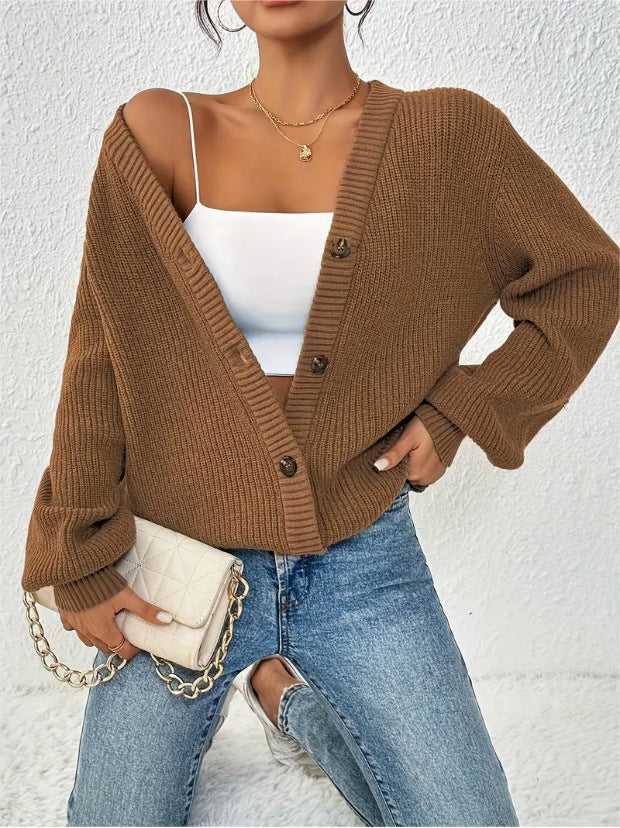 Women's Oversized Knit Cardigan – V-Neck Button Front Casual Sweater Jacket