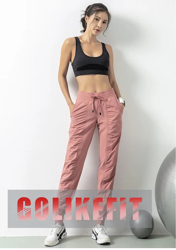 Luobolan Tatting Fabric Drawstring Running Sport Joggers Women Quick Dry Athletic Gym Fitness Sweatpants with Two Side Pockets