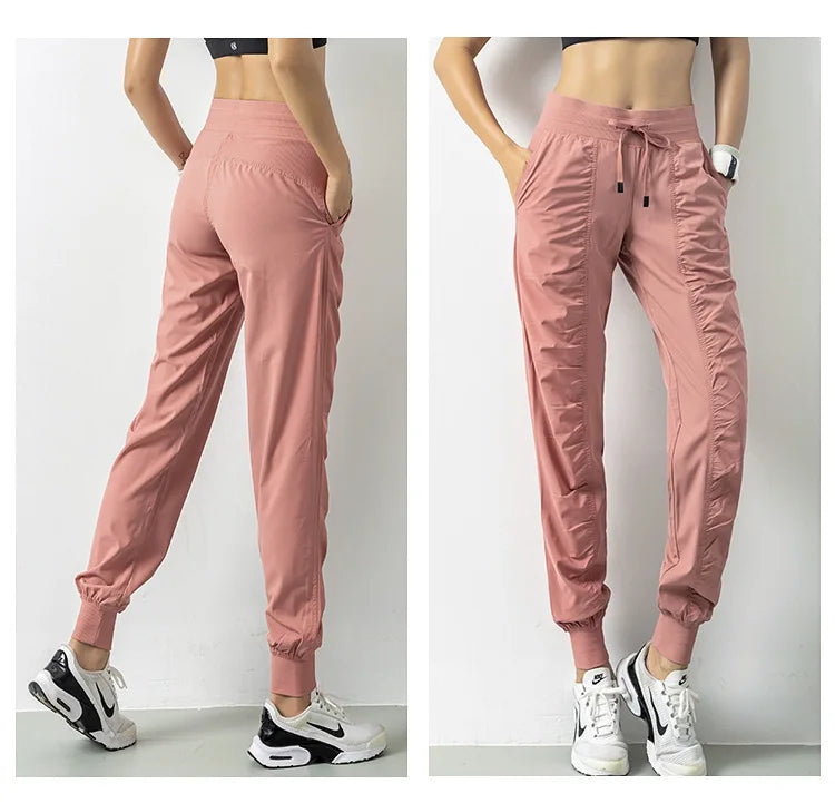 Luobolan Tatting Fabric Drawstring Running Sport Joggers Women Quick Dry Athletic Gym Fitness Sweatpants with Two Side Pockets