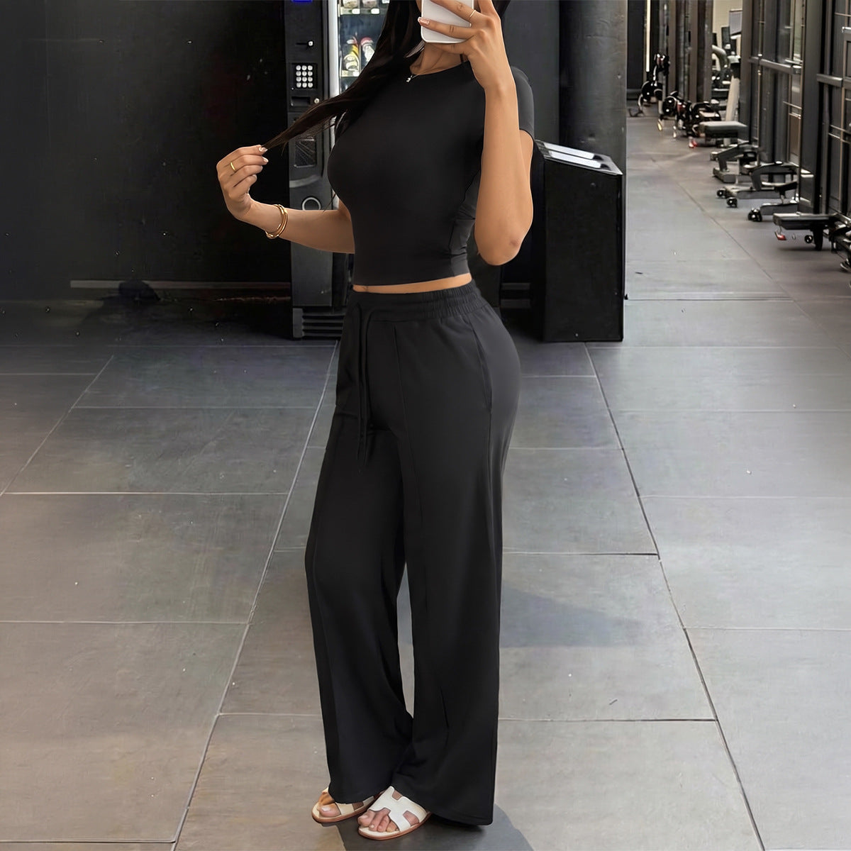 Solid Color Tight Short Sleeve Drooping Wide Leg Pants Two Piece Sets Women Clothing Summer