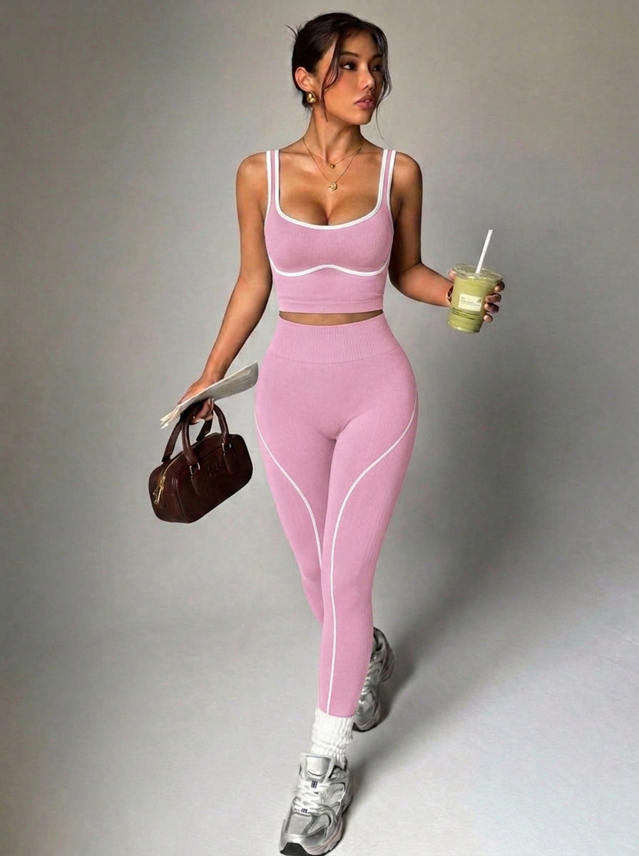 Seamless Yoga Pants Set for Women, Color-Blocking Sports Fitness Set, Running Fitness Tank Top, High-Waisted Peach Butt Pants