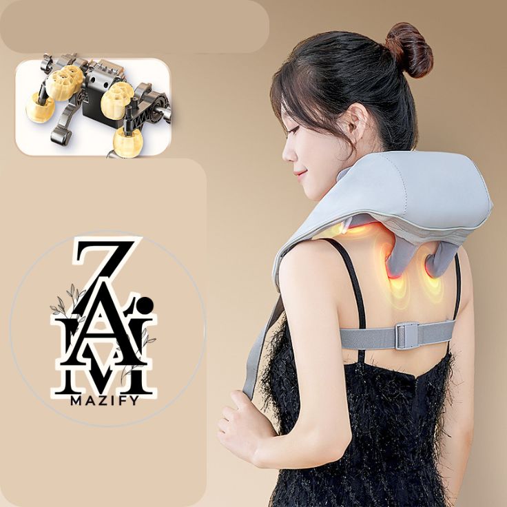 Woman using 8D cordless neck and shoulder massager with heat therapy