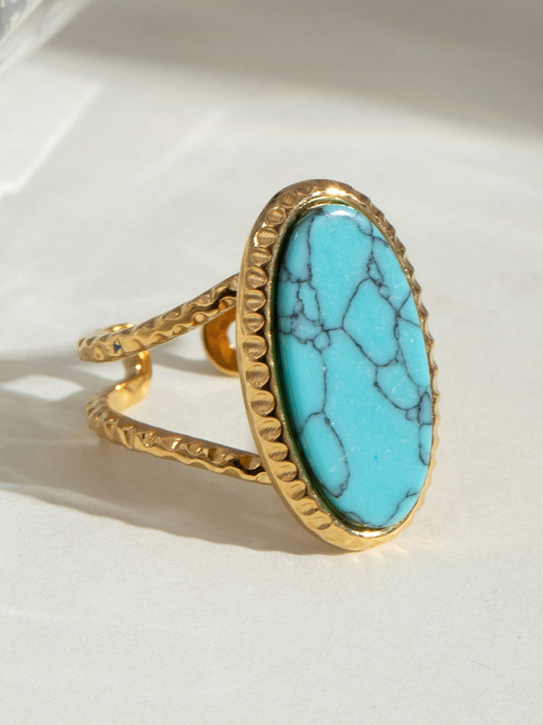 Oval Blue Turquoise Tiger's Eye Adjustable Open Ring (Single Set)