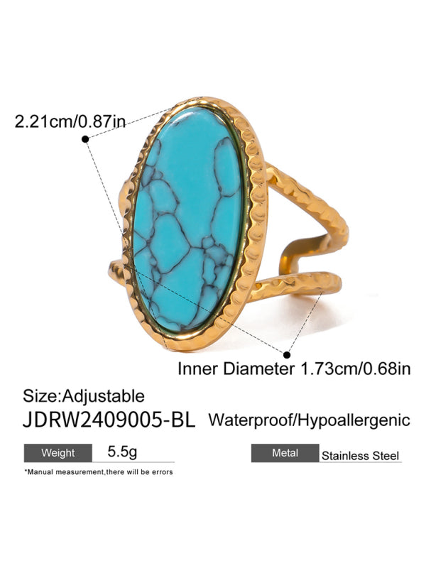 Oval Blue Turquoise Tiger's Eye Adjustable Open Ring (Single Set)