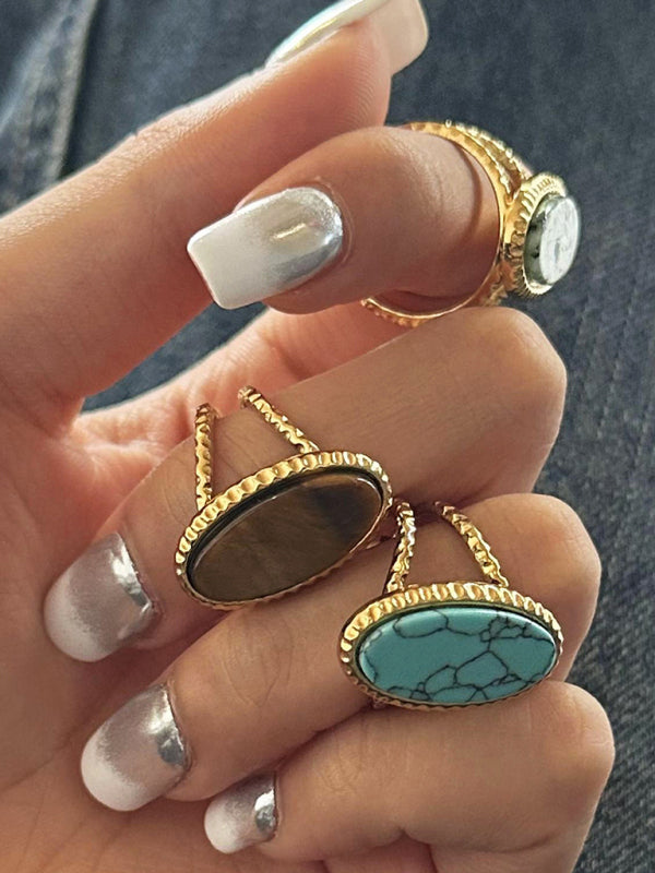 Oval Blue Turquoise Tiger's Eye Adjustable Open Ring (Single Set)