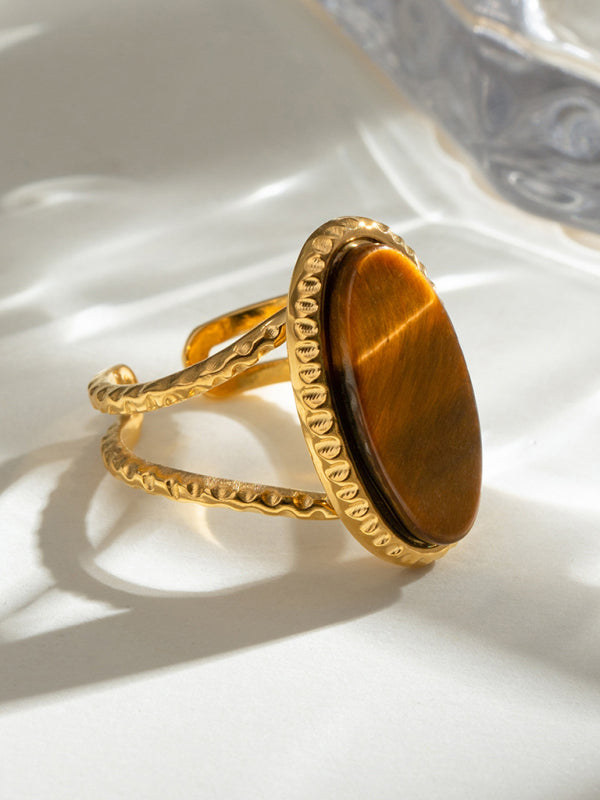 Oval Blue Turquoise Tiger's Eye Adjustable Open Ring (Single Set)