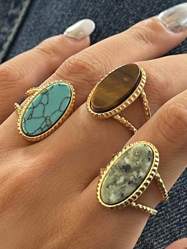 Oval Blue Turquoise Tiger's Eye Adjustable Open Ring (Single Set)