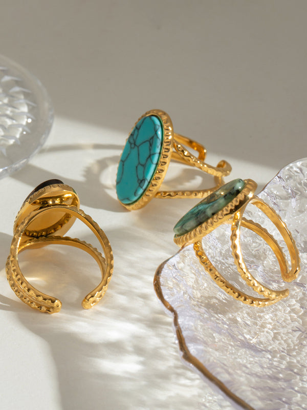 Oval Blue Turquoise Tiger's Eye Adjustable Open Ring (Single Set)