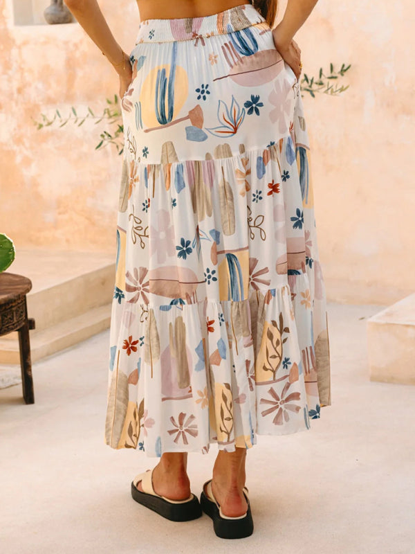 New White Plant Print Bohemian Holiday Beach Skirt