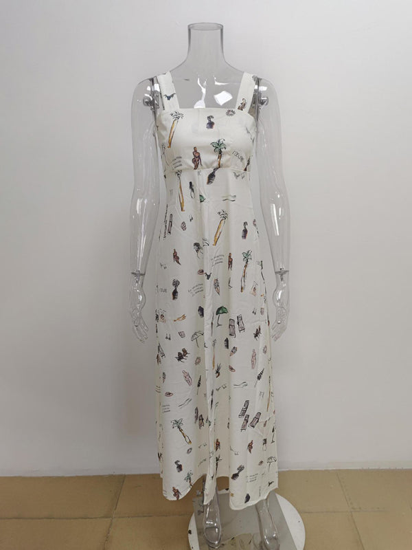 Women's Sleeveless Lace-up Suspender Sexy Print Dress