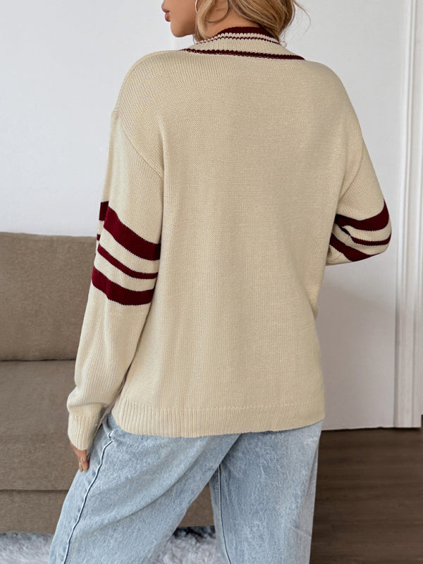 Preppy loose long-sleeved striped V-neck sweater