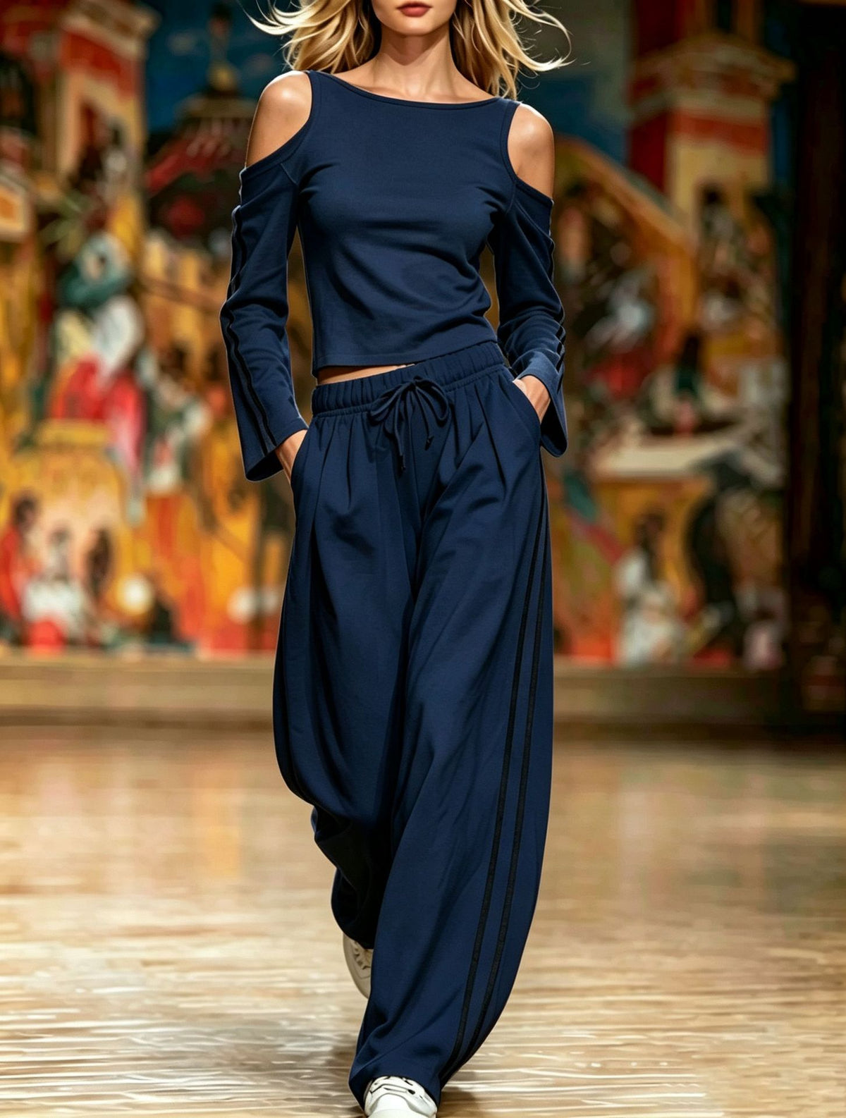 Women’s navy blue cold shoulder striped two piece sportswear set by Mazify