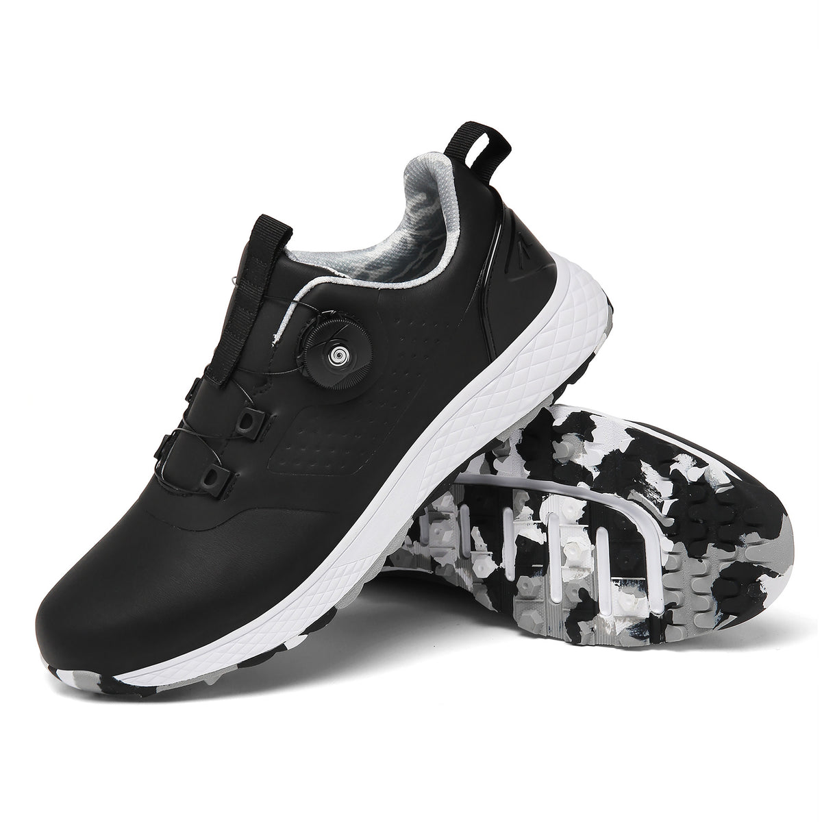 Black unisex golf shoes with rotating spikes by Mazify