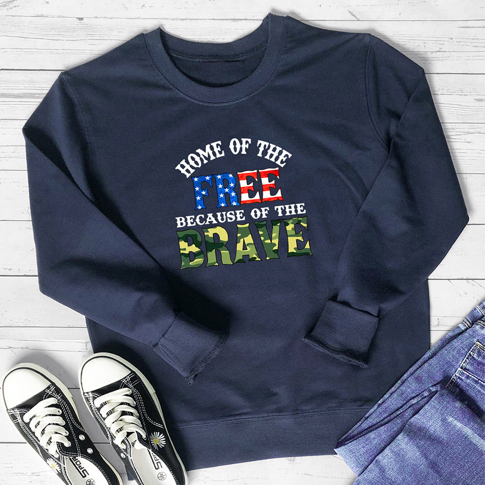 Navy blue "Home of the Free Because of the Brave" graphic print crew neck sweatshirt by Mazify