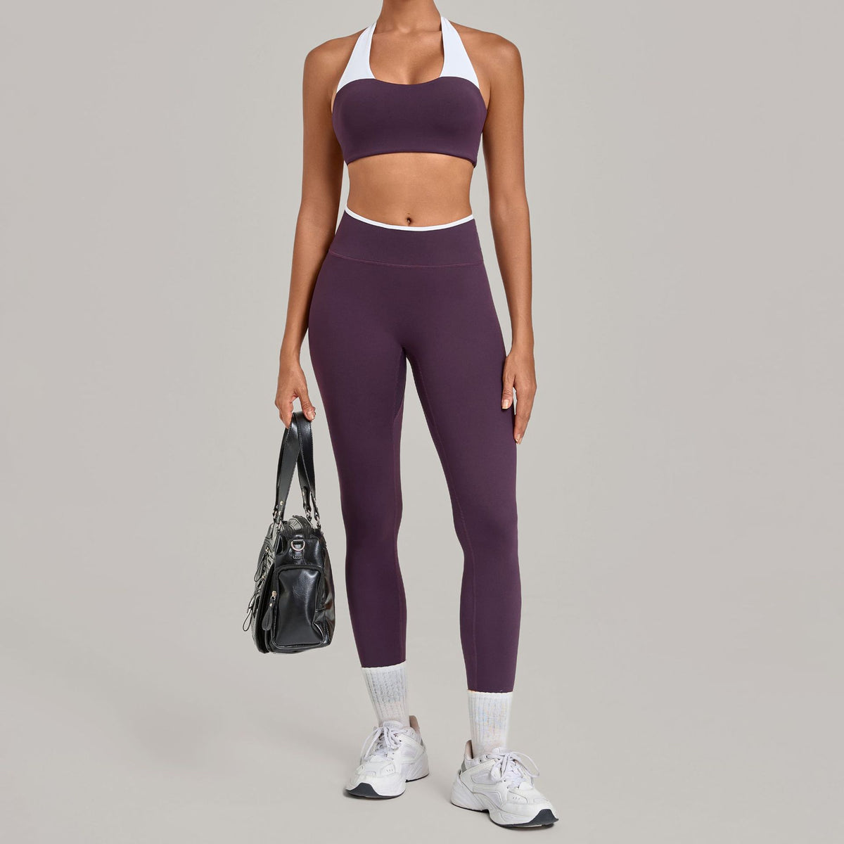 Women's blackberry purple halter neck contrast white strap nude-feel sports bra and high waist leggings yoga set