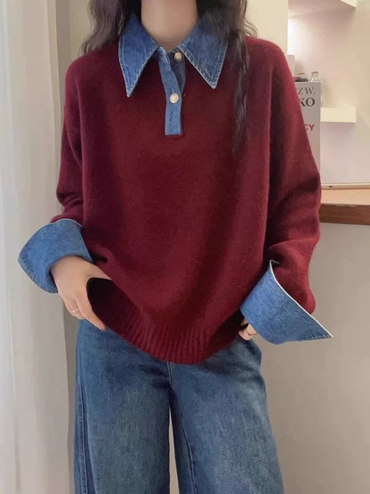 Color blocked denim patchwork polo collar long sleeved sweater for women